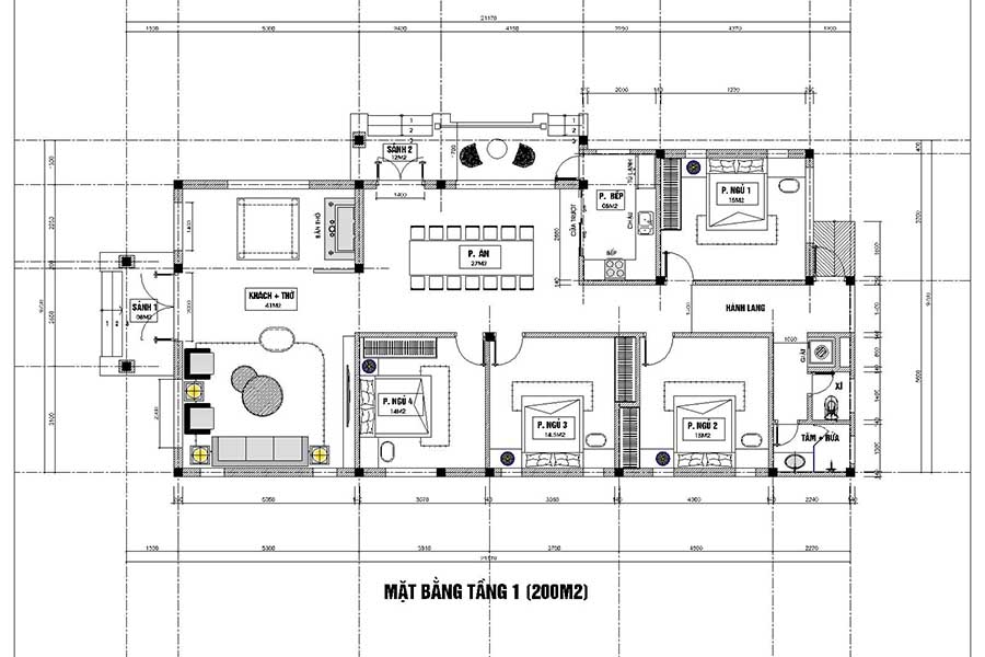 mặt bằng công năng bản vẽ nhà mái nhật 1 tầng hiện đại gồm phòng khách+thờ, bếp, p ăn, 4 ngủ, 3 WC