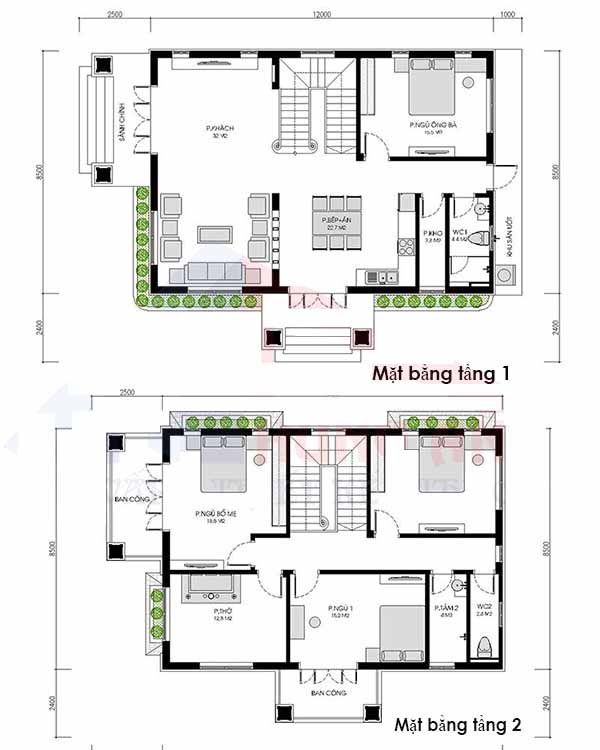 mặt bằng mẫu nhà mái nhật 8x12m có 4 phòng ngủ , 1 phòng thờ, phòng khách, phòng bếp