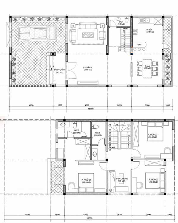 mẫu nhà mái nhật 2 tầng 8x12m có sân trước rộng, 3 phòng ngủ, tầng 1 có phòng khách+bếp