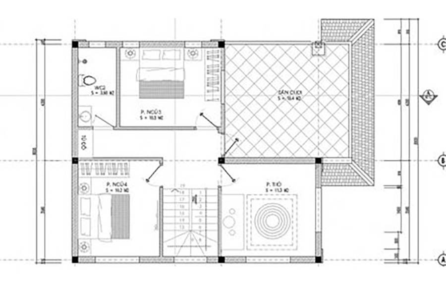 Mặt bằng tầng 2 nhà 2 tầng mái Nhật 8x10 với 2 phòng ngủ, phòng thờ, sân chơi.