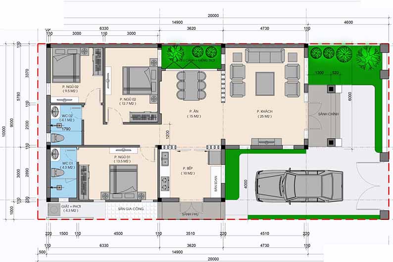 Mặt bằng nhà một tầng mái nhật kt 9x15m