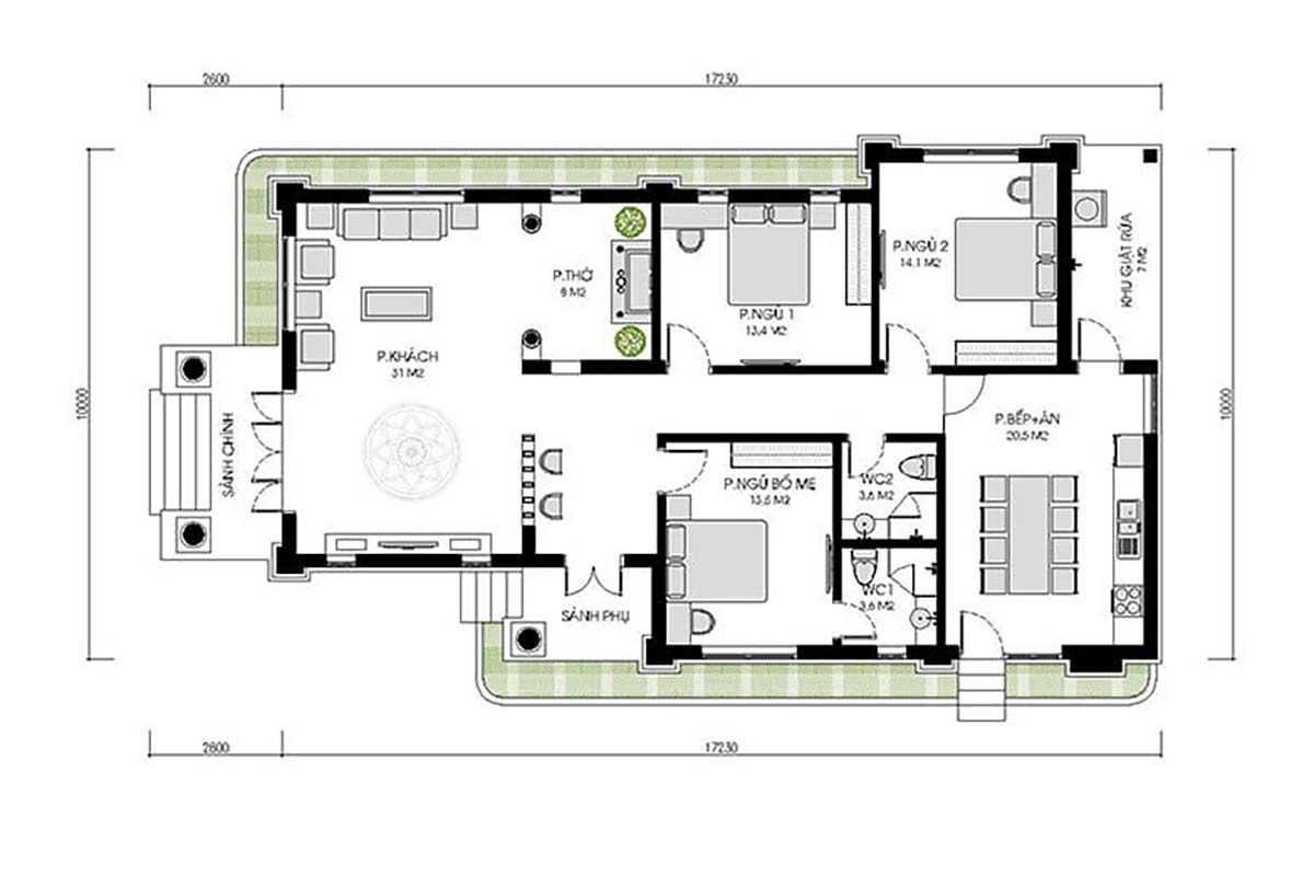 Mặt bằng nhà một tầng mái nhật kt 10x17m