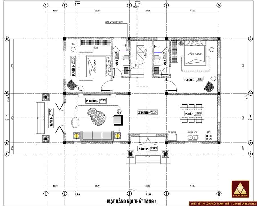 mặt bằng tầng 1 bản vẽ nhà 2 tầng mái nhật hiện đại