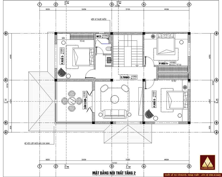 mặt bằng tầng 2 bản vẽ nhà mái nhật 2 tầng với 2 phòng ngủ rộng