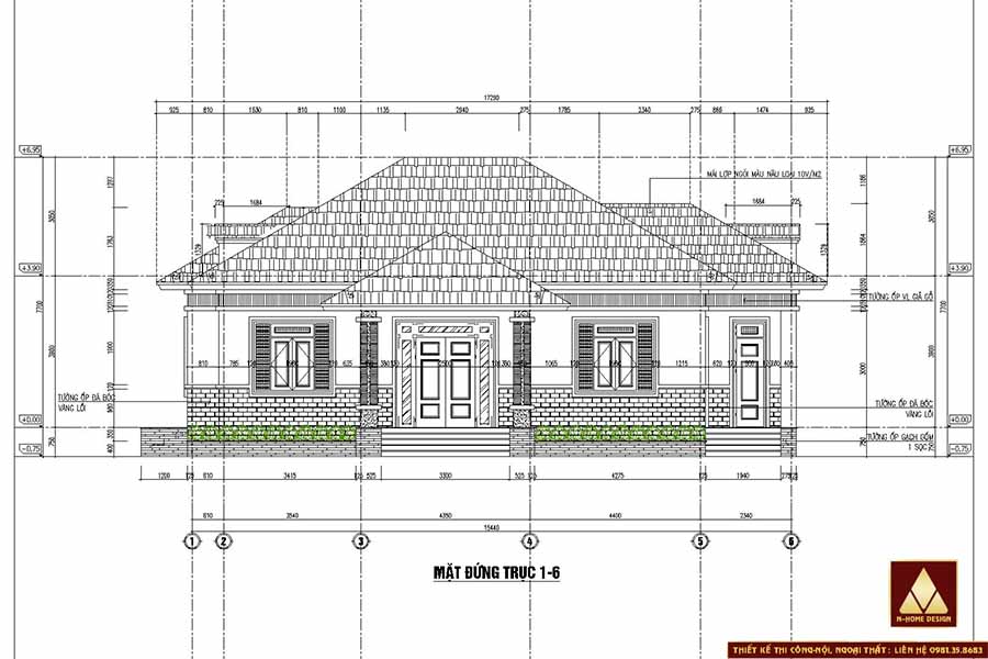 bản vẽ mặt đứng chính diện nhà mái nhật 1 tầng 150m2 hiện đại