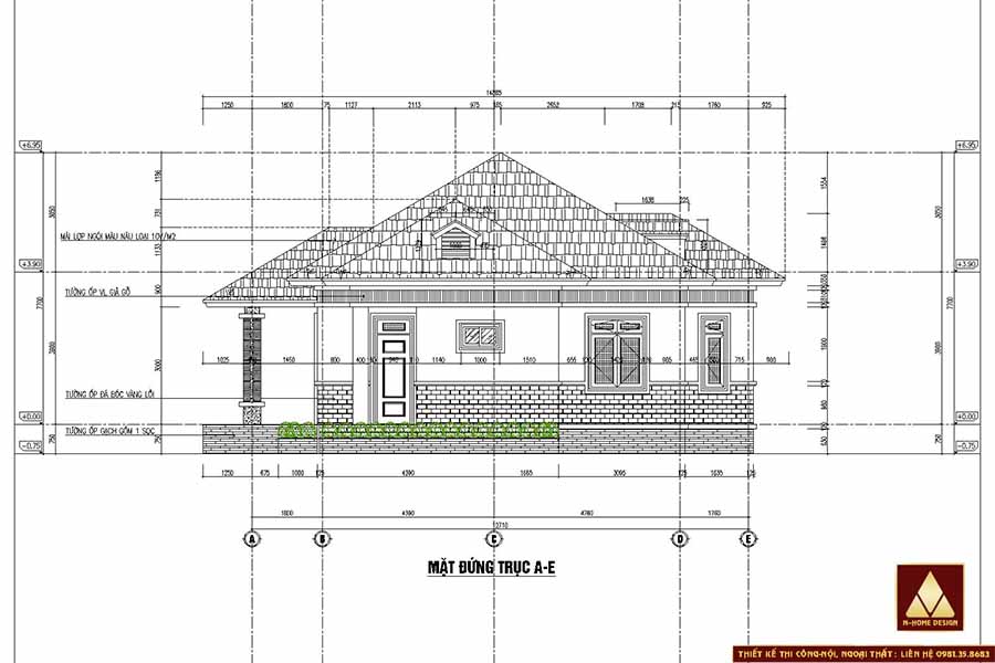 bản vẽ mặt bên phải mẫu nhà 1 tầng mái nhật hiện đại