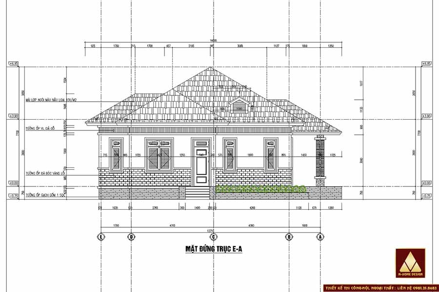 bản vẽ mặt bên trái mẫu nhà 1 tầng mái nhật với hệ cửa sổ bằng gỗ