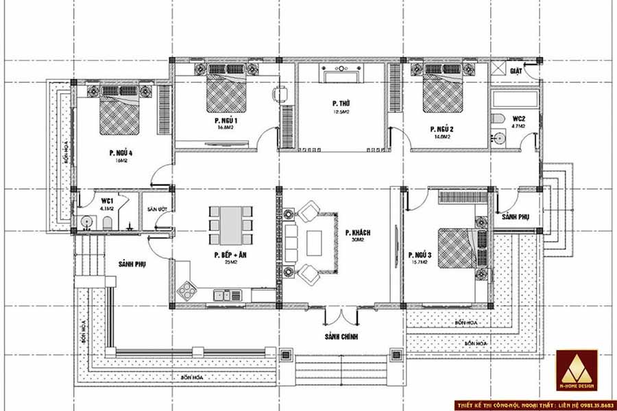 Mặt bằng công năng gồm phòng khách, bếp, phòng thờ, 4 phòng ngủ, 2 WC, sảnh thư giãn