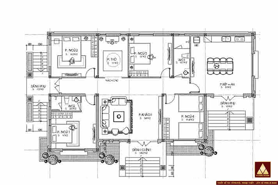 mặt bằng công năng gồm 4 phòng ngủ, 2 WC, phòng bếp và khách rất rộng, phòng thờ riêng biệt