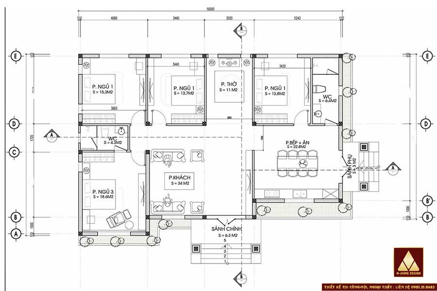 mặt bằng mẫu nhà mái nhật cấp bốn kích thước 16x11.7 có bốn phòng ngủ