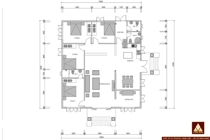 Mặt bằng sử dụng mẫu nhà kích thước 12x13m cấp 4 mái nhật 4 ngủ