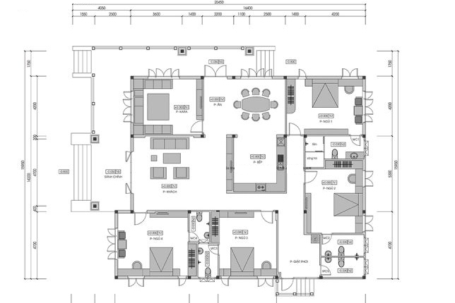 Mặt bằng công năng sử dụng gồm 4 phòng ngủ, phòng khách, phòng giải trí, phòng bếp rộng