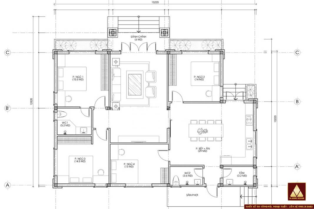 Mặt bằng công năng sử dụng nhà cấp 4 mái nhật 4 phòng ngủ kích thước15x10m