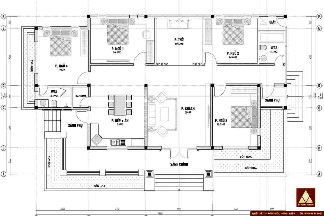 mặt bằng công năng mẫu nhà mái nhật cấp 4 gồm 4 phòng ngủ, phòng khách, phòng bếp, phòng thờ, 2 WC, phòng giặt, sảnh thư giãn, 2 sảnh phụ