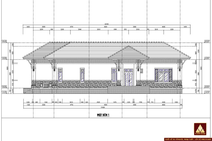 bản vẽ mặt bên căn nhà với sảnh phụ rộng rãi