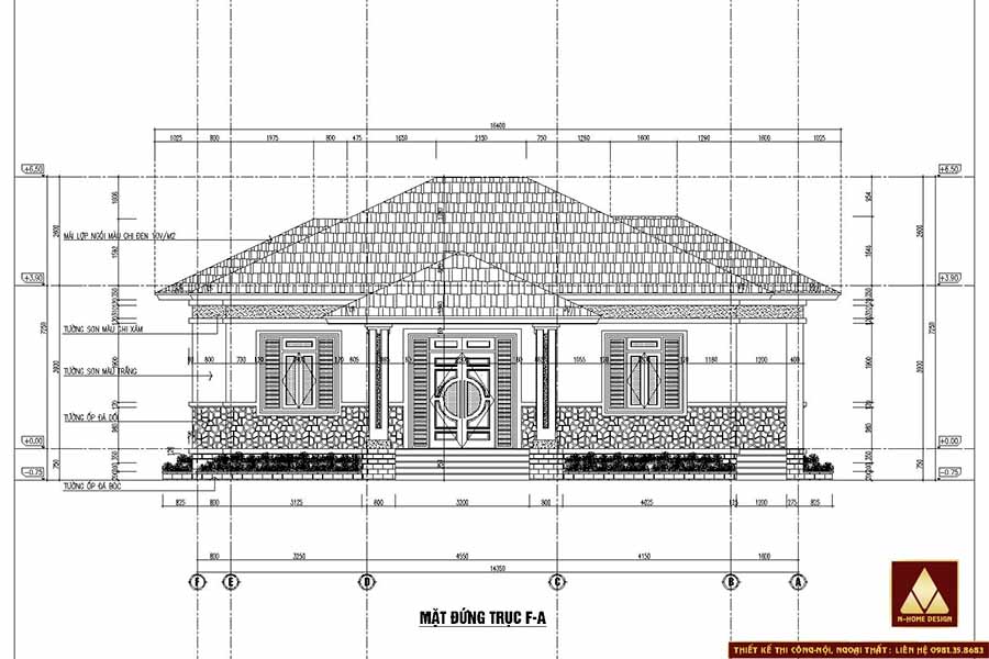 bản vẽ chi tiết mặt đứng nhà 1 tầng chữ Lmái nhật có 3 ngủ ở đan phượng