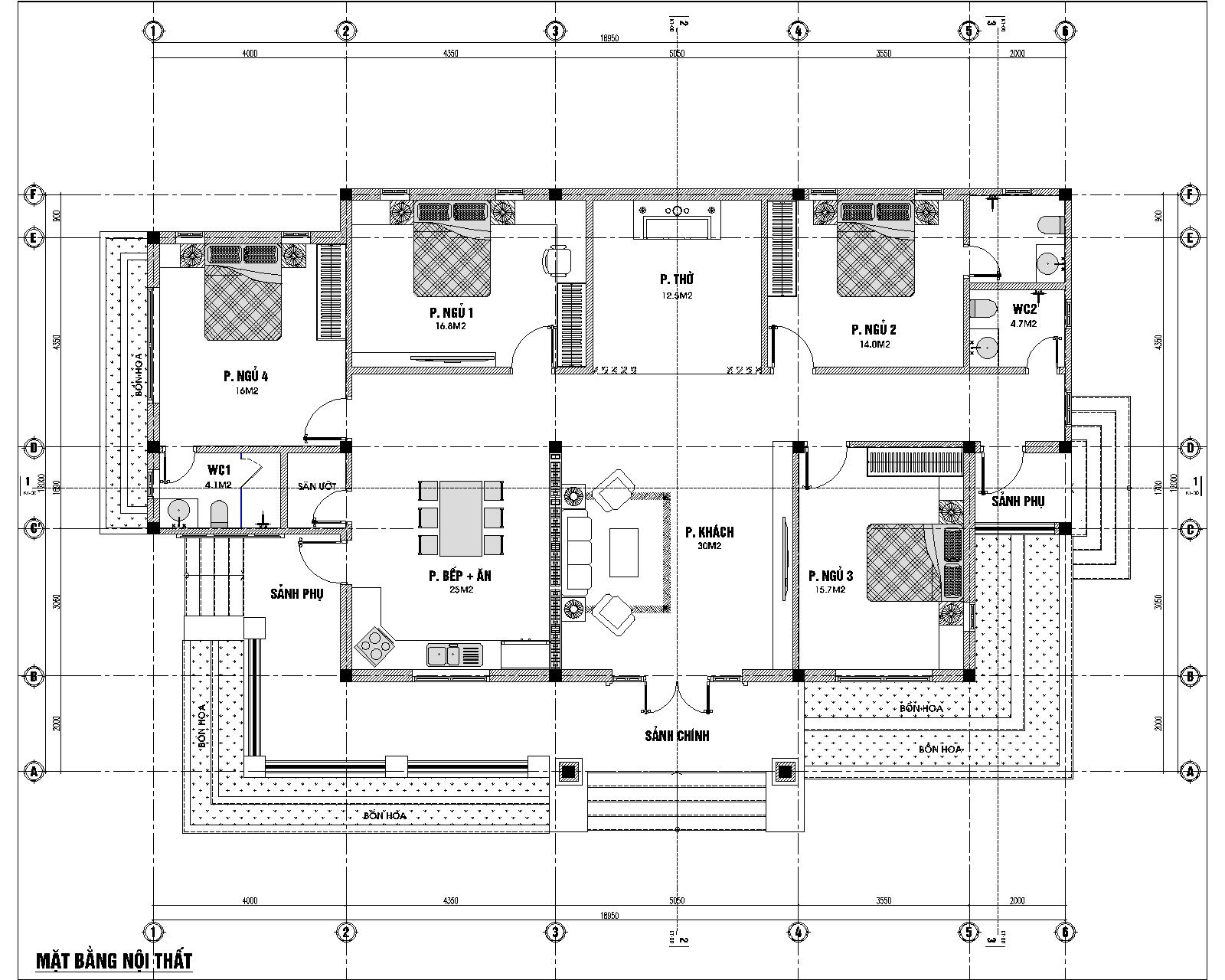 Mặt bằng công năng nhà mái nhật 1 tầng 4 phòng ngủ nhà chị Hiền