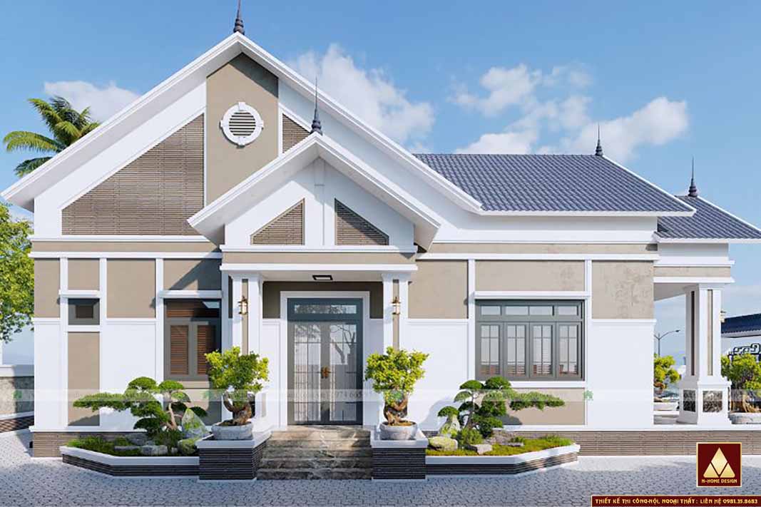 nhà một tầng mái thái 4 phòng ngủ diện tích 150m2, với phối màu trung tính tươi sáng nổi bật