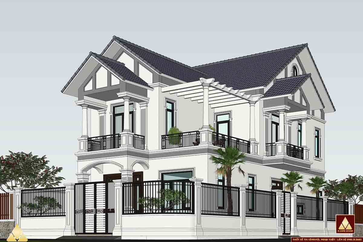 nhà mái thái 2 tầng diện tích 120m2 có 4 phòng ngủ, 1 phòng khác, 1 bếp ăn, 1 phòng thờ