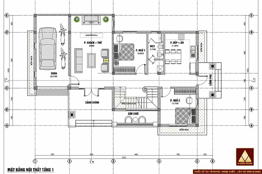 mặt bằng bố trí công năng tầng 1 mẫu nhà mái nhật 5 phòng ngủ hiện đại 17x10