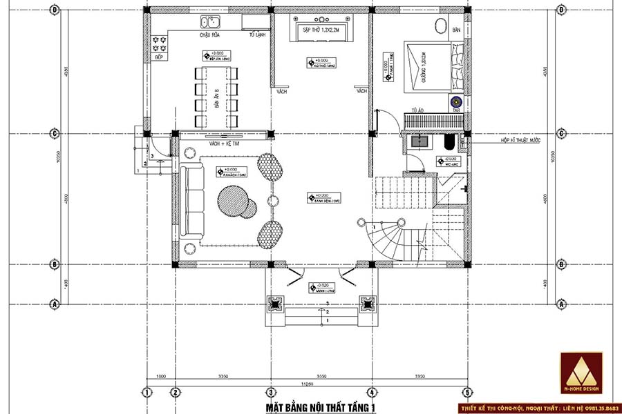 Mặt bằng nội thất tầng 1 mẫu nhà vuông mái nhật 2 tầng hiện đại kích thước 11x9m