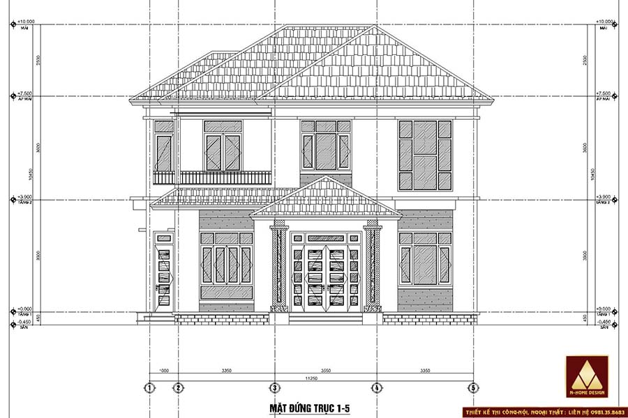 Bản vẽ chi tiết mặt đứng chính diện mẫu nhà 2 tầng mái nhật vuông vắn