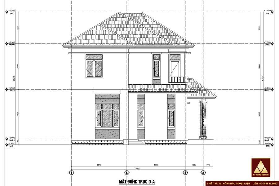 Bản vẽ mặt bên trái mẫu nhà 2 tầng vuông cân đối