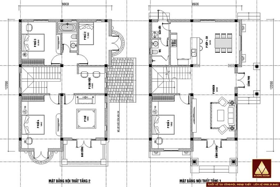 Mặt bằng nội thất tầng 1+2 với kích thước 8.6x12.2m, với thiết kế có 4 phòng ngủ