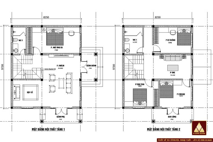 Mặt bằng bố trí công năng tầng 1+2