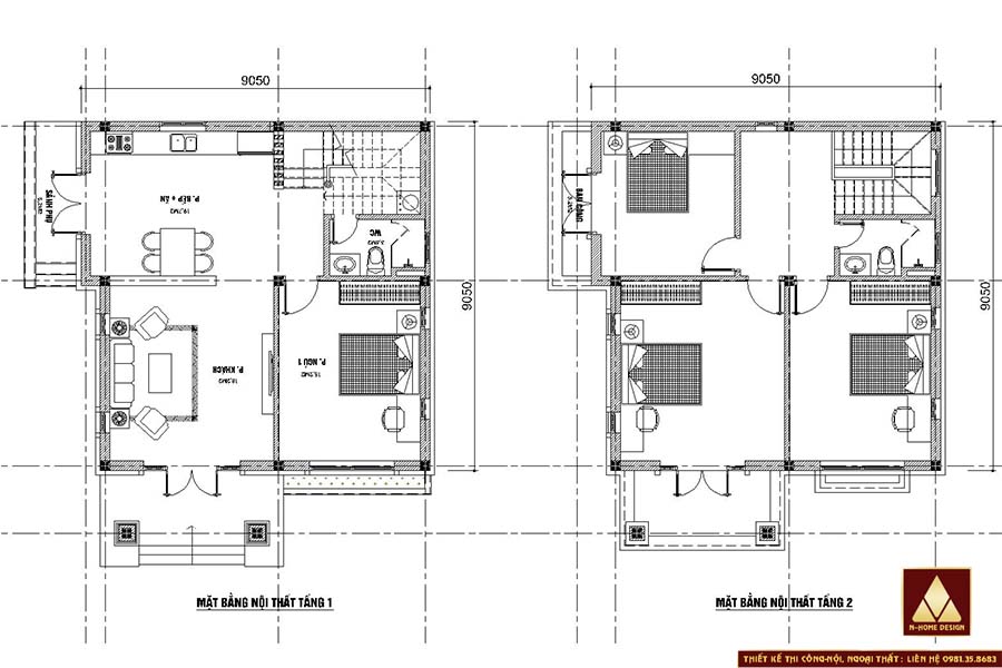 Mặt bằng công năng tầng 1+2, thiết kế 4 phòng ngủ nổi bật