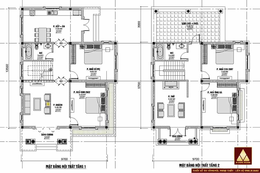 Mặt bằng bố trí nội thất tầng 1+2. Thiết kế tầng 1 với khu bếp ăn được bố trí đằng sau nhà