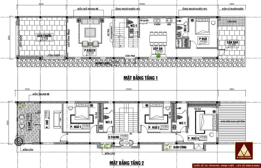 bản vẽ công năng tầng 1+2 nhà phố 2 tầng mái thái