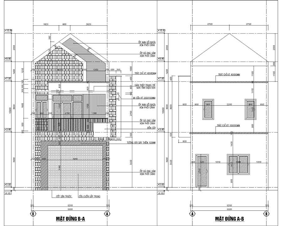 bản vẽ chi tiết mặt đứng trước, sau nhà phố 2 tầng mái thái