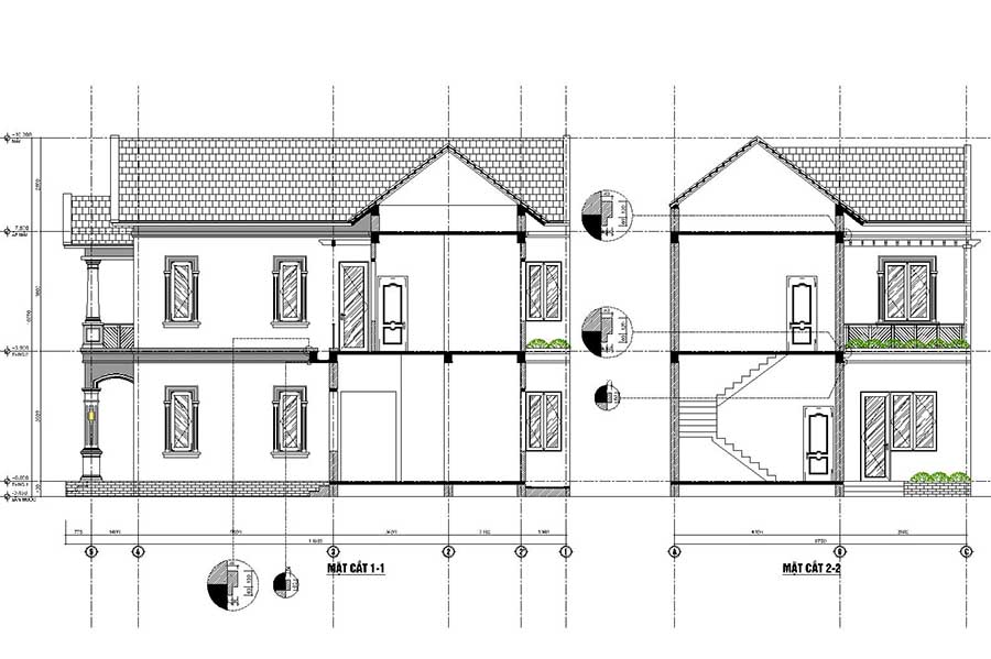 bản vẽ mặt cắt ngang, cắt dọc nhà chữ L mái thái 2 tầng