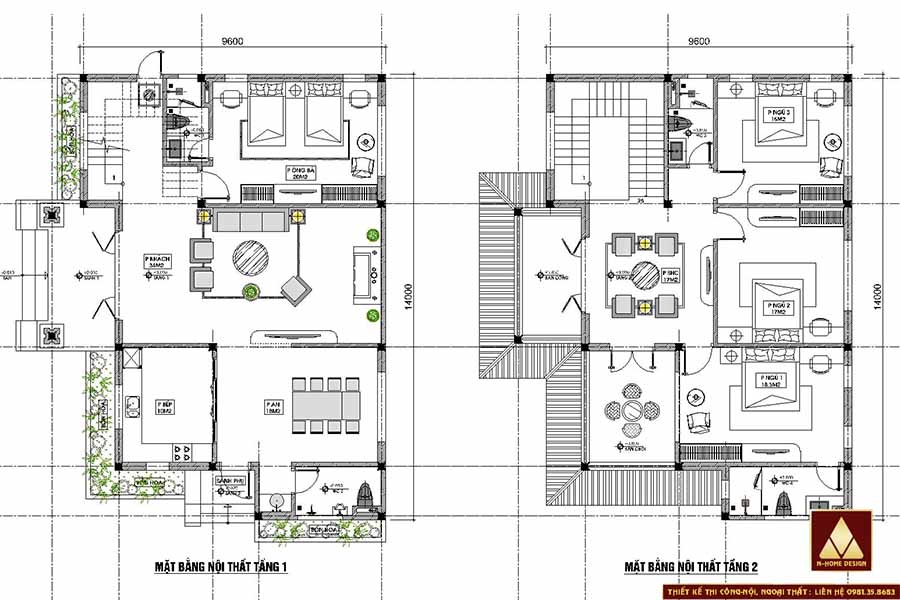 Bản vẽ mặt bằng công năng tầng 1+2 mẫu nhà 2 tầng mái thái theo phong cách truyền thống