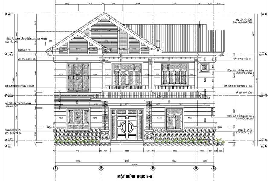 bản vẽ mặt đứng nhà mái thái 2 tầng thiết kế theo phong cách truyền thống