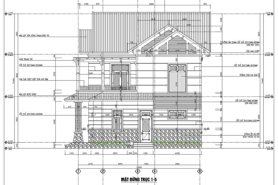 bản vẽ mặt bên nhà mái thái 2 tầng theo phong cách truyền thống