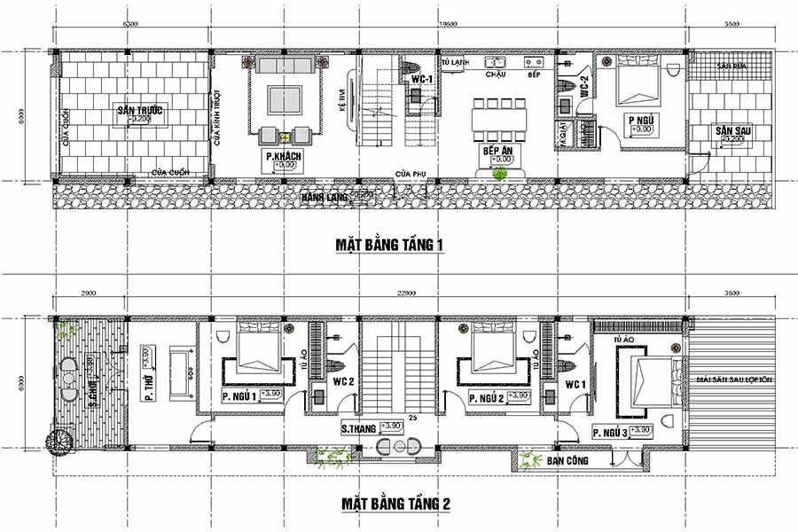 Mặt bằng bố trí công năng tầng 1+tầng 2