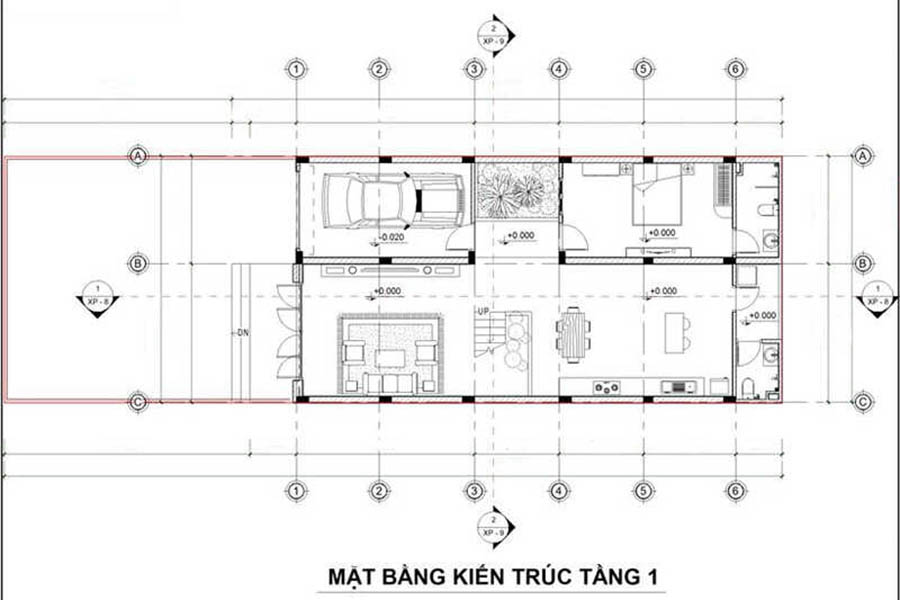 Mặt bằng công năng tầng 1 mẫu nhà hiện đại có gara ô tô