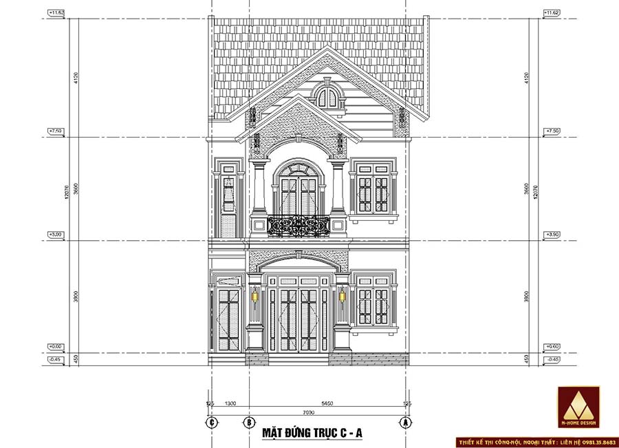 mặt đứng mẫu nhà 2 tầng ngang 7m mái thái