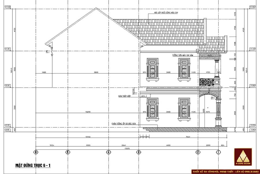 mặt bên mẫu nhà 2 tầng ngang 7m mái thái, hệ mái chóp cao tầng tum giúp gia chủ tận dụng được nhiều không gian hơn