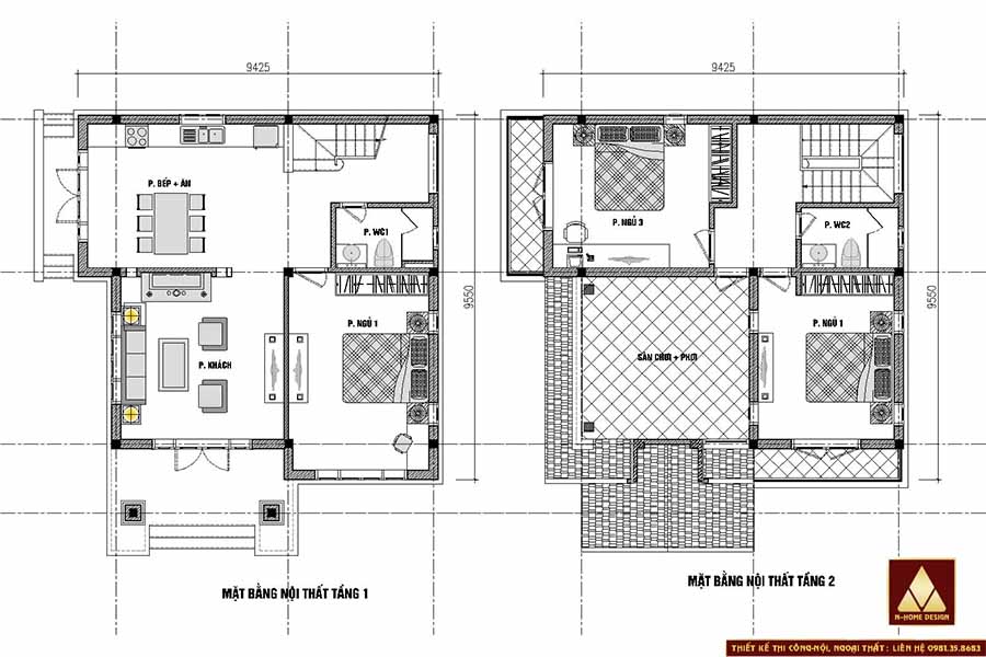 Mặt bằng bố trí công năng tầng 1+2 căn nhà 2 tầng 3 phòng ngủ mái thái đẹp