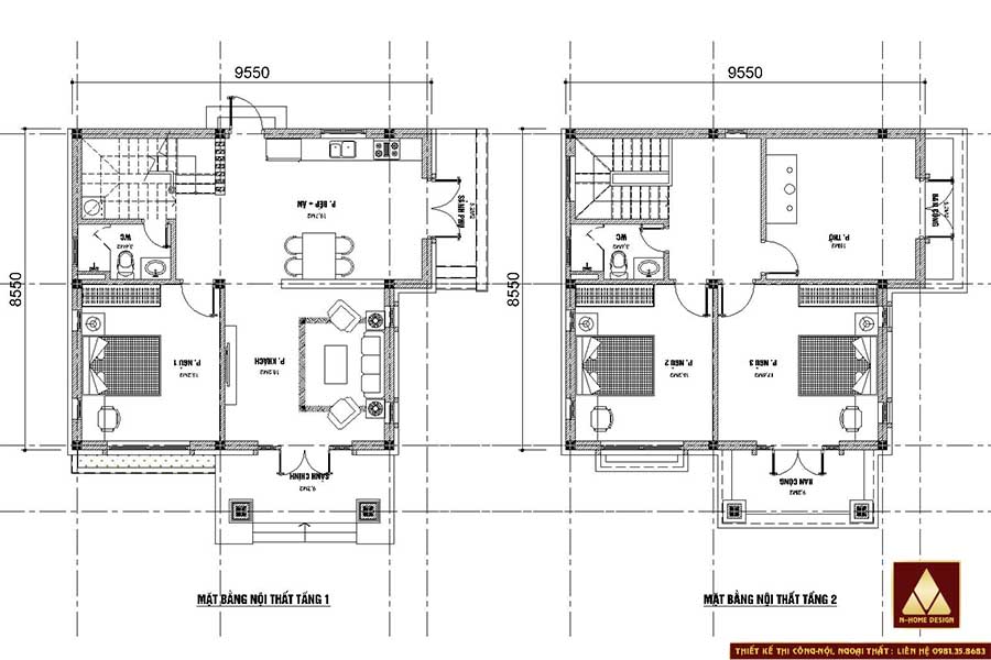 Mặt bằng bố trí công năng tầng 1+2 mẫu nhà 3 phòng ngủ mái thái 2 tầng