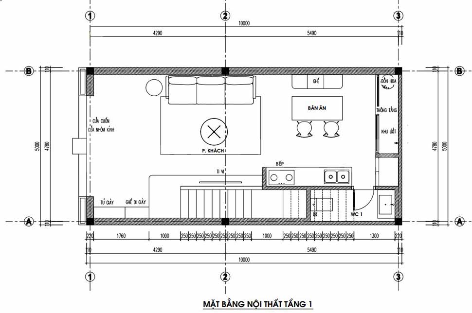 Mặt bằng tầng 1 gồm phòng khách+bếp bố trí liên thông với nhau, cạnh đó còn có 1 WC