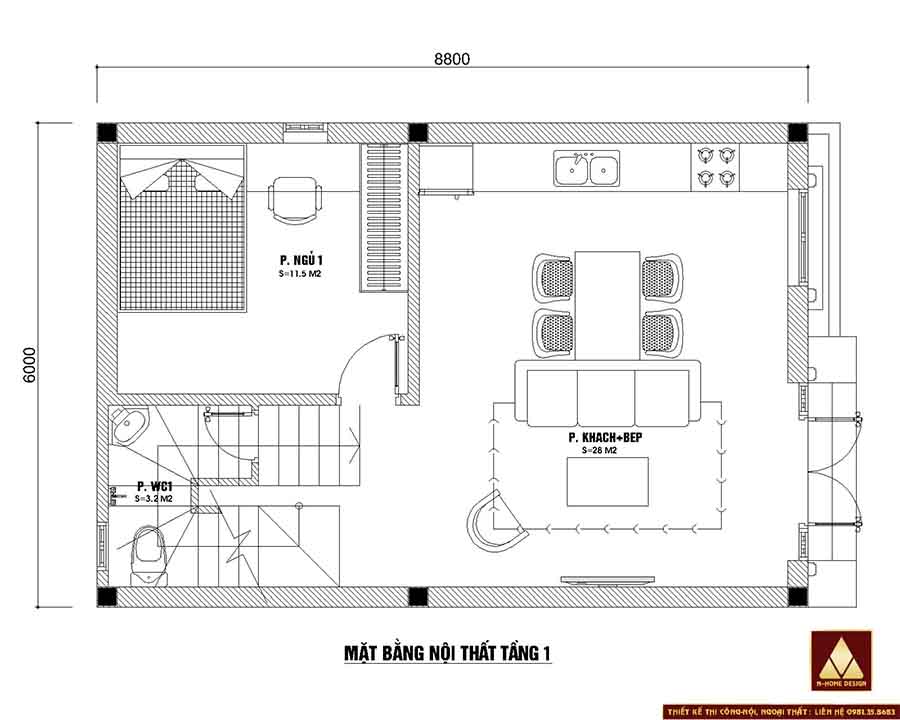 Mặt bằng công năng, điều đặc biệt là bố trí được 1 phòng ngủ ở tầng 1