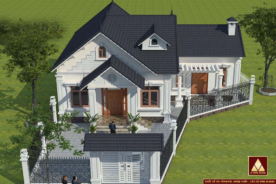 nhà chữ L mái thái cấp 4 phong cách châu âu, diện tích xây dựng 130m2, công năng 3 phòng ngủ, 1 phòng khách, phòng bếp ăn, 2 WC