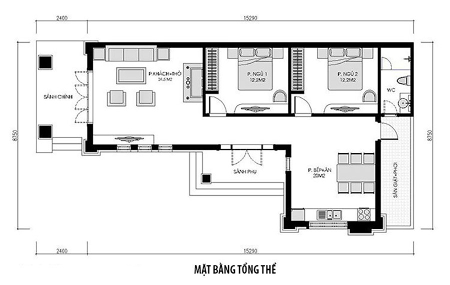 mặt bằng nhà chữ L kích thước 15x8.7m có 2 phòng ngủ, 1 khách+thờ, bếp ăn