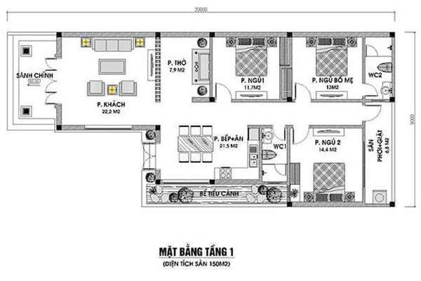 mặt bằng nhà cấp 4 mái thái diện tích 150m2 chữ L : có 3 phòng ngủ, khách, bếp ăn, phòng thờ