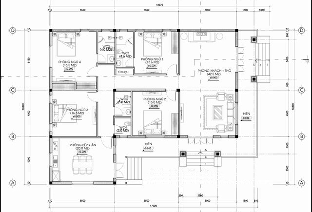 mặt bằng nhà cấp 4 chữ L diện tích 200m2 có 4 phòng ngủ