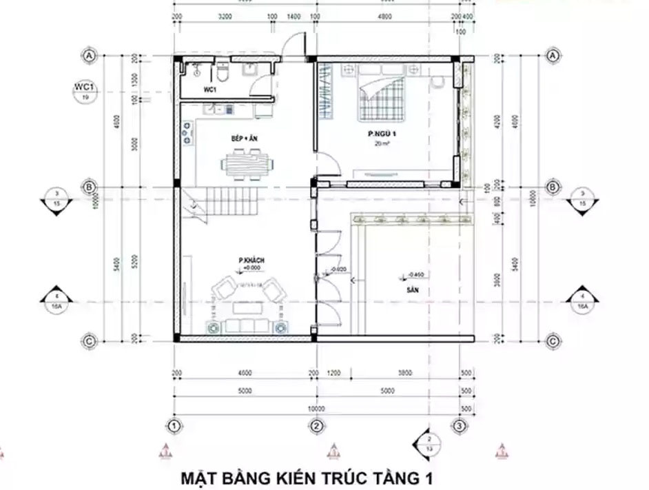 nhà cấp 4 chữ L kích thước 10x10 có 1 phòng ngủ, 1 khách, 1 bếp